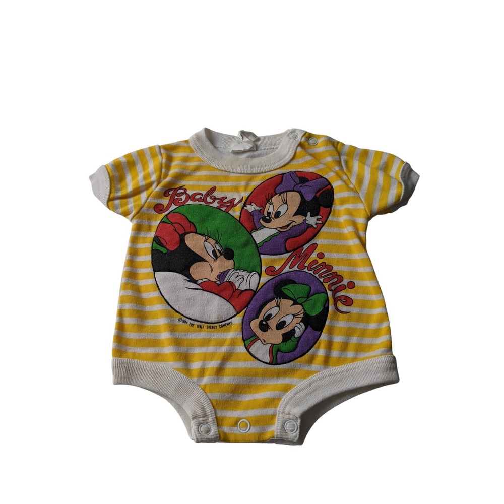 Vintage 1984 Disney Babies Minnie Mouse Striped Bodysuit Yellow White Newborn-9M